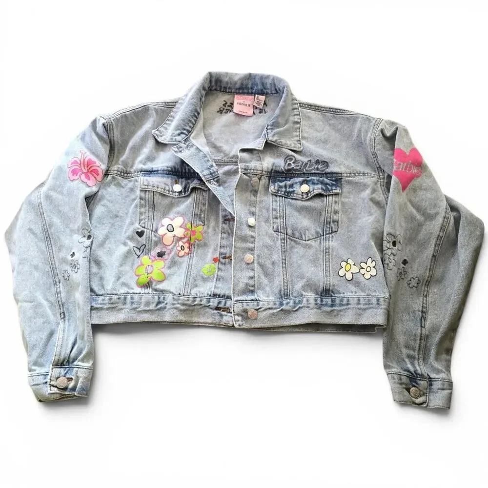 Forever 21 Barbie Kindness is a Power Cropped Denim Jean Jacket Women SZ L